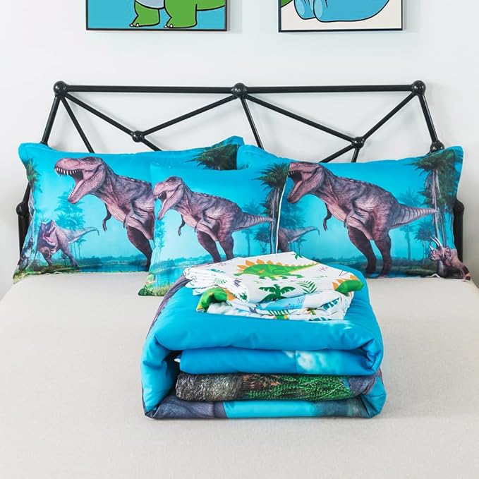 ADASMILE A & S Dinosaur Comforter Twin for Boys Dinosaur Twin Bedding Set for Kids 6 Pieces Dinosaur Comforter Set with Dinosaur Sheets Bed in A Bag T-Rex Dinosaur Comforter and Sheets Set Home Decor - LeafyLoom
