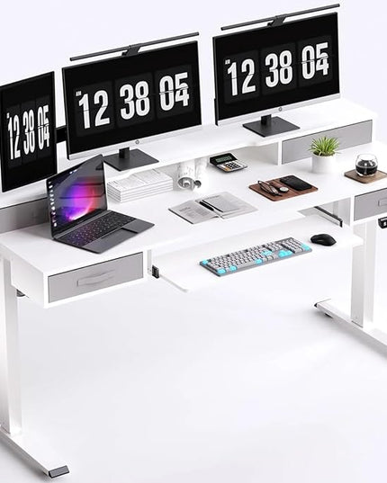 Electric Standing Desk, Multifunctional Standing Desk Adjustable Height, 63 * 24 Standing Desk with 4 Drawers, Ergonomic Adjustable Standing Desk with Keyboard Tray, Snow White - LeafyLoom