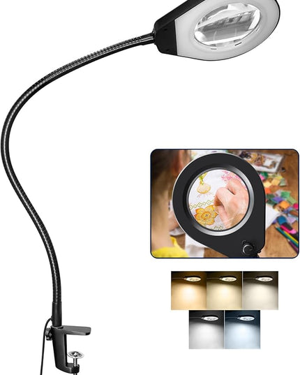 Magnifying with Light and 10X Real Glass Lens, Lighted in 5 Color Temperatures & 10 Dimmable Levels, Desk Edge Clip Mounted, Hands Free Positioning by 19.7' Gooseneck Arm - LeafyLoom