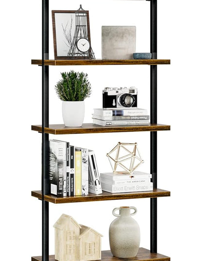 NUMENN 5 Tier Book Shelf, Industrial Ladder Shelf, Open Space Wall Mount Bookshelf with Metal Frame, Sturdy Book Shelves, Bookcase for Living Room, Home Office Shelf, Vintage Brown - LeafyLoom