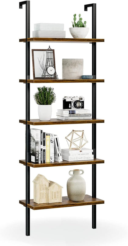 NUMENN 5 Tier Book Shelf, Industrial Ladder Shelf, Open Space Wall Mount Bookshelf with Metal Frame, Sturdy Book Shelves, Bookcase for Living Room, Home Office Shelf, Vintage Brown - LeafyLoom