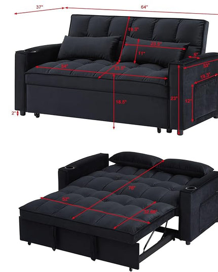 64" Oversized Loveseat Sofa Convertible Spacious Full Size Sleeper Sofabed with Pull Out Couch Bed,Cupholders,USB Charging Ports and Storage Pockets for Home Apartment Office Living Room - LeafyLoom