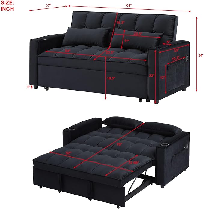 64" Oversized Loveseat Sofa Convertible Spacious Full Size Sleeper Sofabed with Pull Out Couch Bed,Cupholders,USB Charging Ports and Storage Pockets for Home Apartment Office Living Room - LeafyLoom