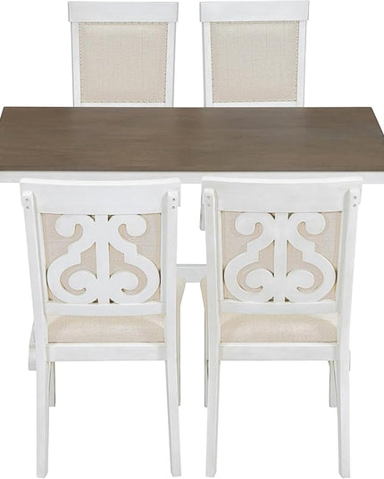 5-Piece Retro Style Set with Unique Legs and Backrest, Rectangular Wooden Dining Table and 4 Upholstered Chairs Furniture for Kitchen Room, Brown+White, 52" L x 26" W x 30" H - LeafyLoom