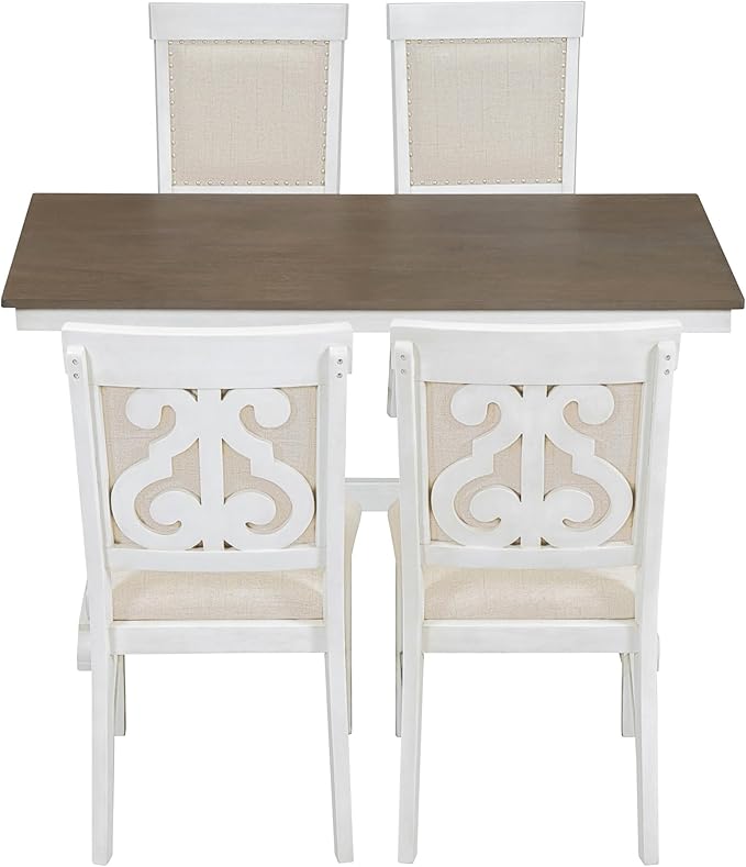 5-Piece Retro Style Set with Unique Legs and Backrest, Rectangular Wooden Dining Table and 4 Upholstered Chairs Furniture for Kitchen Room, Brown+White, 52" L x 26" W x 30" H - LeafyLoom