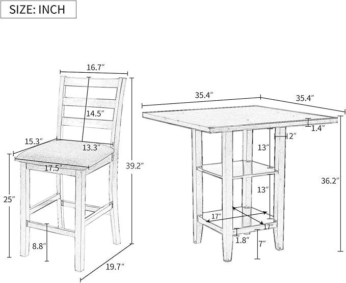 5-Piece Counter Height Dining Set, includes 1 Solid Wood Table with Storage Shelving and 4 Padded Chairs, for Kitchen, Diningroom, Living Room, Easy to Assemble, Espresso - LeafyLoom