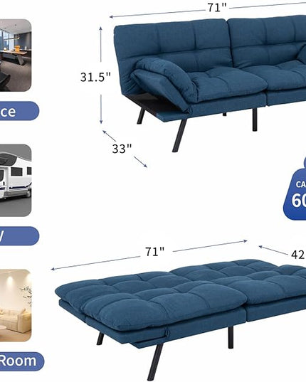 MUUEGM Futon Couch Bed, Convertible Memory Foam Sofa Bed, Modern Love Seat Daybed Sofa for Living Room,Small Space,Office,71",Adjustable Backrests Armrests Couch Bed Sleeper,Blue - LeafyLoom