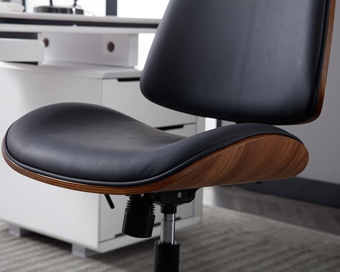 Armless Home Office Chair Modern Walnut Chair with Wheels Mid Back Swivel Computer Chair No arm Adjustable Height Leather Desk Chair for Reading,Meeting Room (Pure Black) - LeafyLoom
