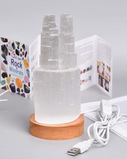 JIC Gem USB Selenite Lamp Twin Tower Healing Crystal Lamp Natural Selenite Skyscraper Lamp 6 Inch with Wooden LED Light Stand Base - LeafyLoom