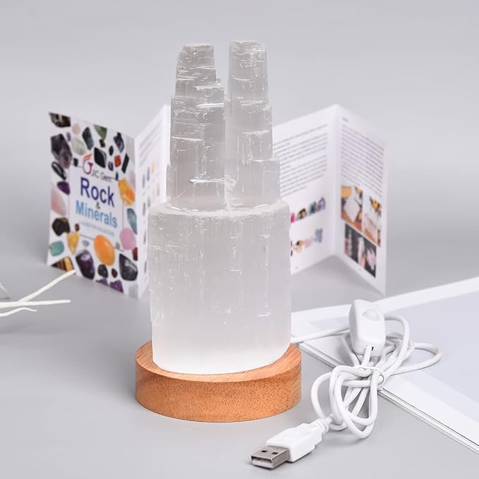 JIC Gem USB Selenite Lamp Twin Tower Healing Crystal Lamp Natural Selenite Skyscraper Lamp 6 Inch with Wooden LED Light Stand Base - LeafyLoom