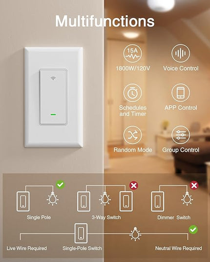 GHome Smart Switch,Smart Wi-Fi Light Switch Compatible with Alexa and Google Assistant 2.4Ghz, Single-Pole,Neutral Wire Required,UL Certified,Remote/Voice Control, No Hub Required (3 Pack) GhomeSmart