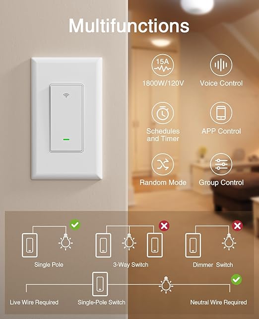 GHome Smart Switch,Smart Wi-Fi Light Switch Compatible with Alexa and Google Assistant 2.4Ghz, Single-Pole,Neutral Wire Required,UL Certified,Remote/Voice Control, No Hub Required (3 Pack) GhomeSmart