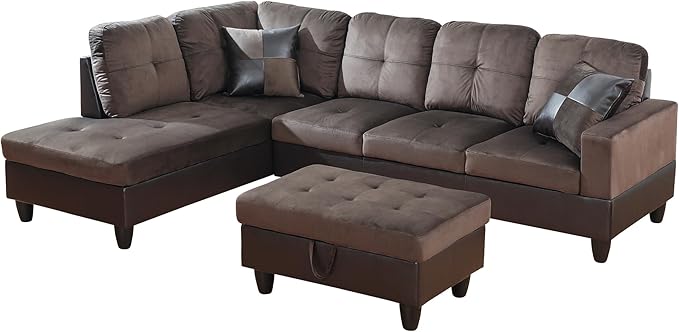 ROOMTEC 3 Piece L Shaped Sectional Sofa Set with Storage Ottoman, Left Facing Chaise Longue, Reversible Backrest w/ 2 Cup Holders, Flannel Tufted Cushions, for Living Room, Dark Brown - LeafyLoom