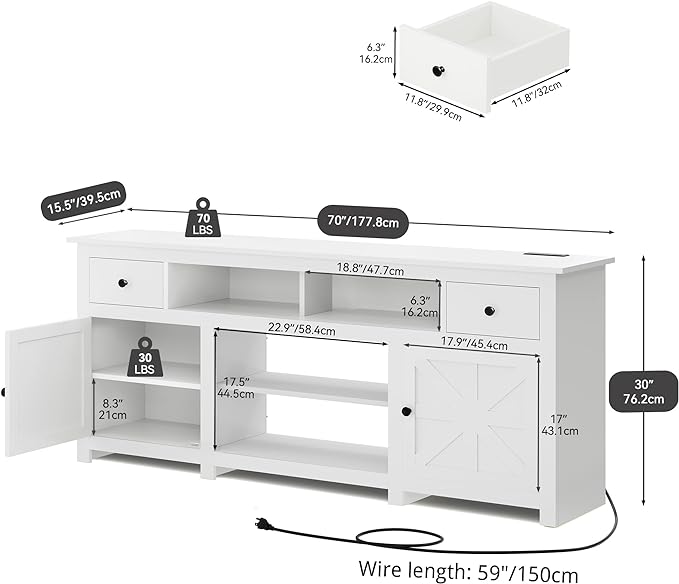 YITAHOME Farmhouse TV Stand, Entertainment Center with Power Outlet for TVs Up to 80 Inch, TV Console with Storage Drawer & Movable Partition, Rustic TV Stand for Living Room, 70" White - LeafyLoom