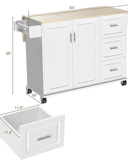 54" Large Kitchen Island Cart with Drop Leaf, Kitchen Island with Storage, Rolling Kitchen Island with Inside Cabinet, 3 Drawers, Spice Rack, Towel Rack and Wood Tabletop(White) - LeafyLoom