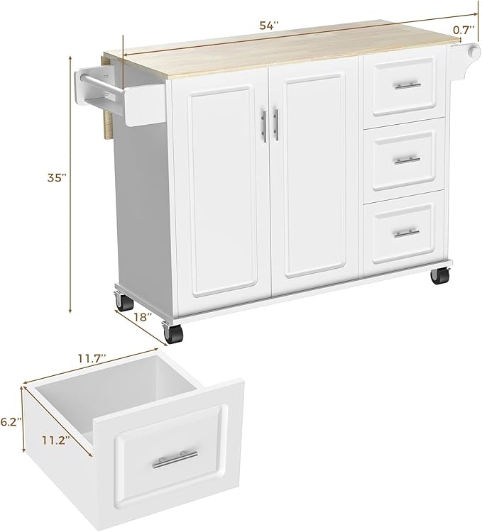 54" Large Kitchen Island Cart with Drop Leaf, Kitchen Island with Storage, Rolling Kitchen Island with Inside Cabinet, 3 Drawers, Spice Rack, Towel Rack and Wood Tabletop(White) - LeafyLoom