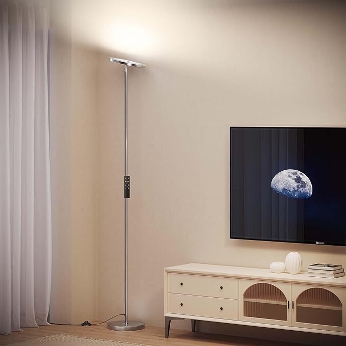 SUNMORY Floor Lamps for Living Room, 32W/3000LM Super Bright LED Floor Lamp with Remote Control, 69" Tall Standing Lamp with Stepless Dimmable, Modern Torchiere Corner Lamp for Bedroom, Office Nickel - LeafyLoom