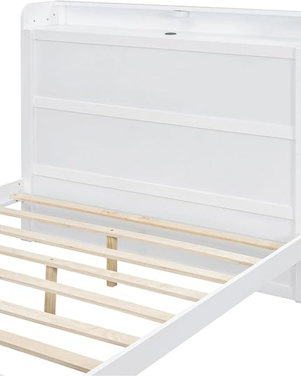 Merax Twin Size Platform Bed with Storage,Led Light and USB Ports,Kids Twin Bed Frame with Built-in Shelves and Cabinet,Kids Storage Bed Frames - LeafyLoom
