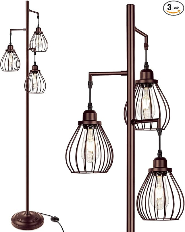 Lakumu Floor Lamp for Living Room, Brown Floor Standing Lamp with 3 Elegant Teardrop Cage Heads & ST58 4W 2700K Edison LED Bulbs, Sturdy Base Tall Vintage Pole Light, Rustic Floor Lamp for Bedroom - LeafyLoom