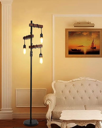 Dimmable Industrial Floor Lamp, Farmhouse Tree Floor Lamp, 68 Inch 3 Lights Wood Standing Lamp, Sturdy Base Tall Vintage Pole Light, Metal Black Floor Lamps for Living Room Bedroom Office Rustic Home - LeafyLoom