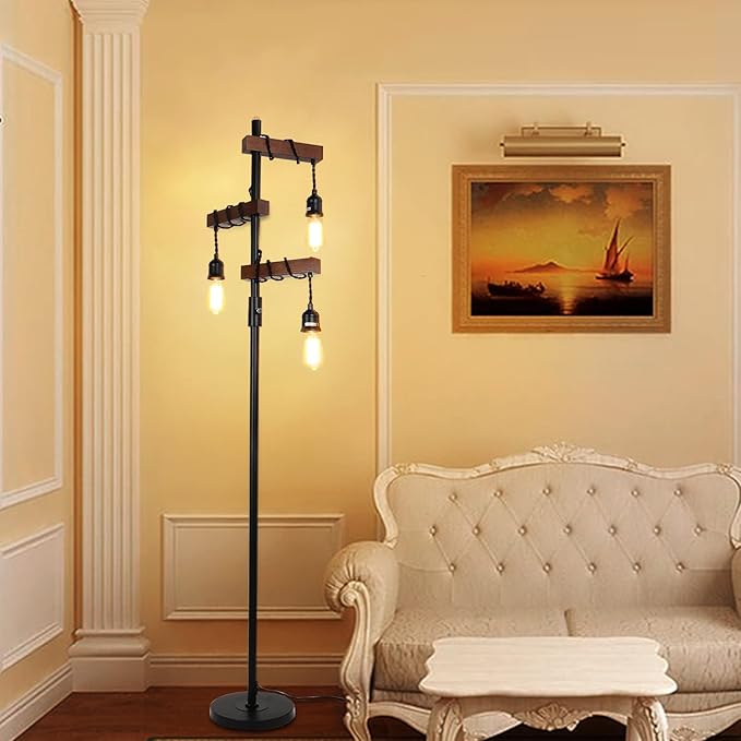Dimmable Industrial Floor Lamp, Farmhouse Tree Floor Lamp, 68 Inch 3 Lights Wood Standing Lamp, Sturdy Base Tall Vintage Pole Light, Metal Black Floor Lamps for Living Room Bedroom Office Rustic Home - LeafyLoom