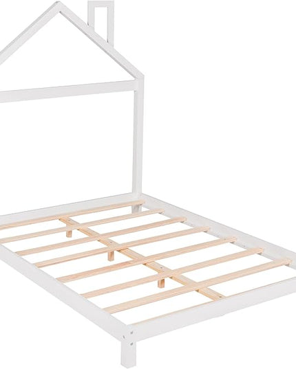 Jintop Full Size Wood Platform House-Shaped Headboard and Chimney,Bedroom Furniture Bed Frame W/ 10 Slat Support,Easy to Install,for Teens Kids Girls Boys,White - LeafyLoom