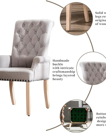 Dining Room Chairs with Arms,Tufted Upholstered High Back Nailed Trim with Untique Oak Wood Legs for Kitchen Restaurant Room Bedroom - LeafyLoom
