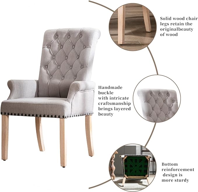 Dining Room Chairs with Arms,Tufted Upholstered High Back Nailed Trim with Untique Oak Wood Legs for Kitchen Restaurant Room Bedroom - LeafyLoom