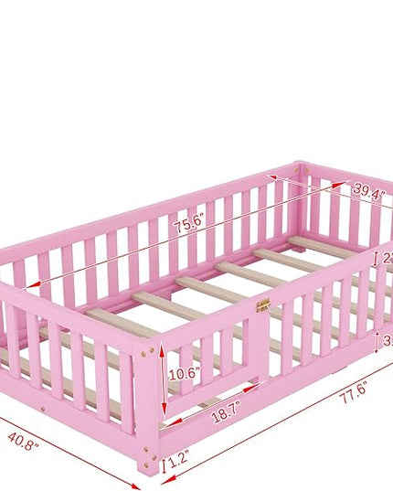 Multifunctional Twin Size Floor Bed with Safety Guardrails and Door, Removable Wood Slats, Montessori Beds Frame for Toddlers, for Boys and Girls, Pink - LeafyLoom