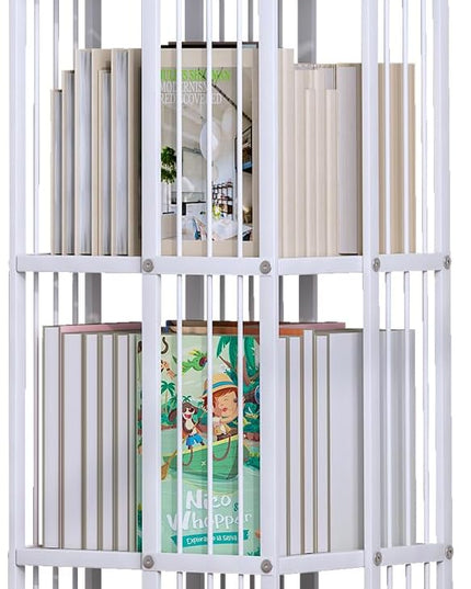 Rotating Bookcase White 4 Tiers Metal Bookshelf Large Capacity for Small Space with Storage and Creative Multi-Layer Shelves,Magazine&Books for Bedroom Living Room Study and Office - LeafyLoom