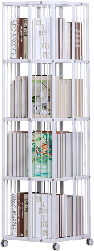 Rotating Bookcase White 4 Tiers Metal Bookshelf Large Capacity for Small Space with Storage and Creative Multi-Layer Shelves,Magazine&Books for Bedroom Living Room Study and Office - LeafyLoom