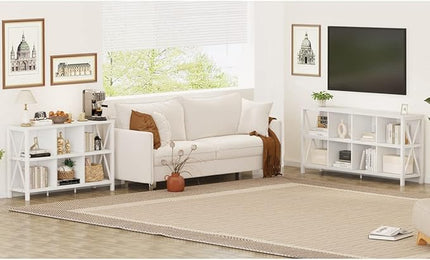 FATORRI 8 Cube Storage Organizer Bookshelf, Rustic Wood Cubby Bookcase, Industrial Horizontal Long Shelf for Living Room (White Oak, 62 Inch) - LeafyLoom