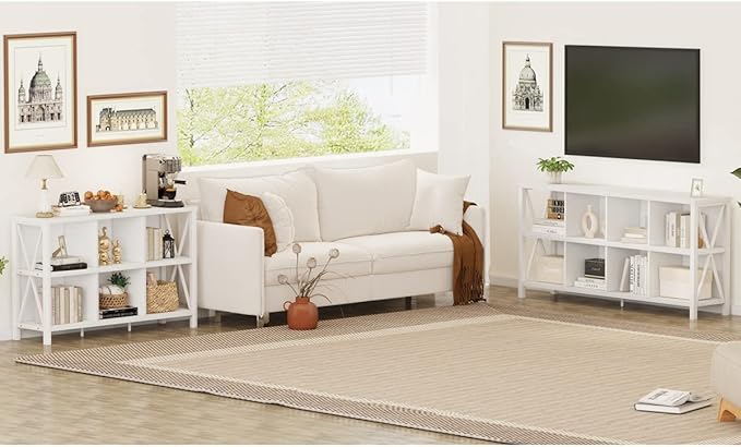 FATORRI 8 Cube Storage Organizer Bookshelf, Rustic Wood Cubby Bookcase, Industrial Horizontal Long Shelf for Living Room (White Oak, 62 Inch) - LeafyLoom