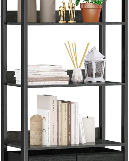 Furologee 5-Tier Bookshelf, Tall Bookcase with 2 Storage Drawers, Industrial Display Standing Shelf Units, Wood and Metal Storage Shelf for Living Room, Bedroom, Home Office, Black Oak - LeafyLoom