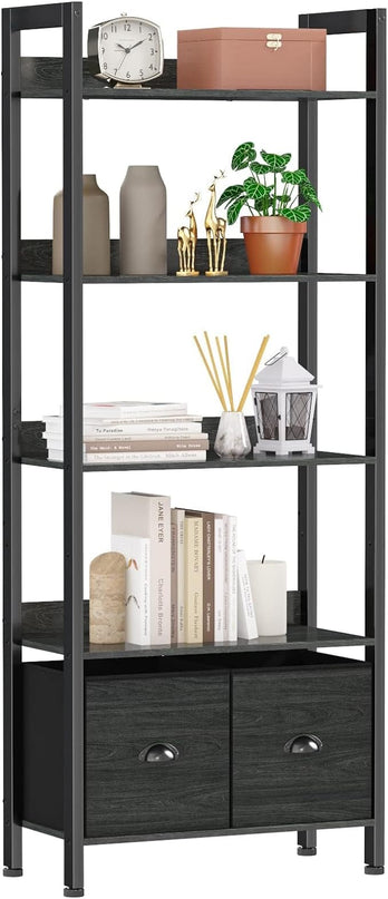 Furologee 5-Tier Bookshelf, Tall Bookcase with 2 Storage Drawers, Industrial Display Standing Shelf Units, Wood and Metal Storage Shelf for Living Room, Bedroom, Home Office, Black Oak - LeafyLoom