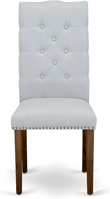 East West Furniture Antique 3 Piece Room Furniture Set Contains a Round Kitchen Table with Pedestal and 2 Grey Linen Fabric Parsons Dining Chairs, 36x36 Inch, Walnut - LeafyLoom