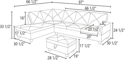 ROOMTEC 3 Piece L Shape Sectional Sofa Set, Upholstered Corner Couch with Storage Ottoman & Left Chaise Lounge, Flannelette Tufted Cushions, for Living Room, Apartment, Grey White - LeafyLoom