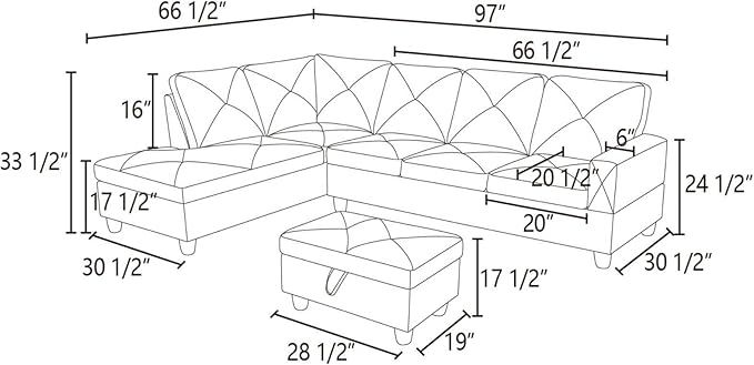 ROOMTEC 3 Piece L Shape Sectional Sofa Set, Upholstered Corner Couch with Storage Ottoman & Left Chaise Lounge, Flannelette Tufted Cushions, for Living Room, Apartment, Grey White - LeafyLoom