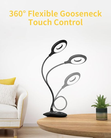 Clip on Light for Bed & Desk, Reading in Bed, Dorm, Battery Operated Rechargeable Clamp Lamp for Headboard, Eye-Caring LED Light with 3 Brightness Modes & Flexible Gooseneck (Black) - LeafyLoom