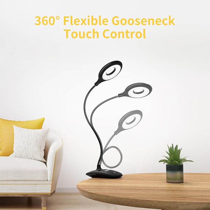 Clip on Light for Bed & Desk, Reading in Bed, Dorm, Battery Operated Rechargeable Clamp Lamp for Headboard, Eye-Caring LED Light with 3 Brightness Modes & Flexible Gooseneck (Black) - LeafyLoom