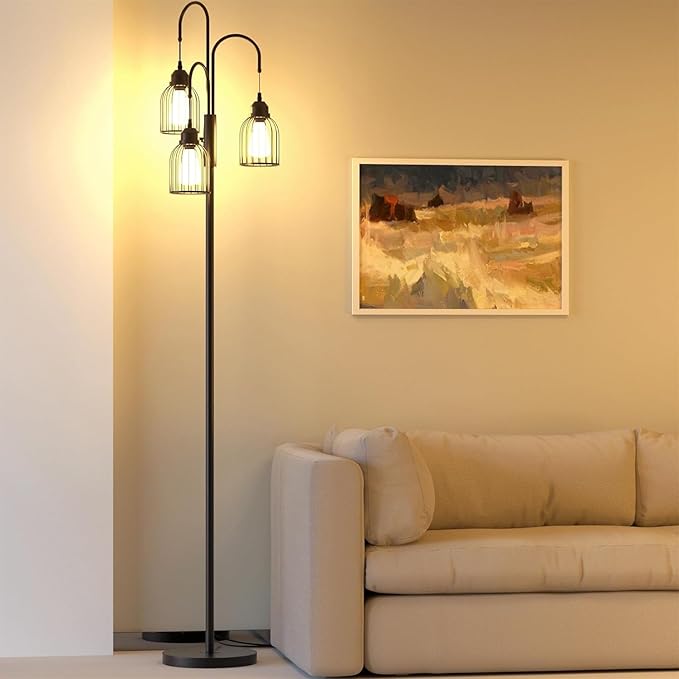 74.8" Dimmable Floor Lamp, Industrial Floor Lamp for Living Room, Farmhouse Standing Tree Lamp with 3 LED Edison Bulbs, Bright Black Vintage Pole Lamp with Cage Shade for Bedroom Home Decoration - LeafyLoom