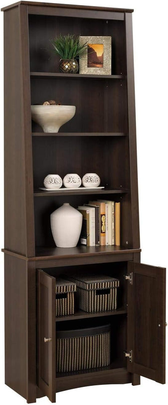PREPAC Espresso Tall Slant-Back Bookcase with 2 Shaker Doors - LeafyLoom