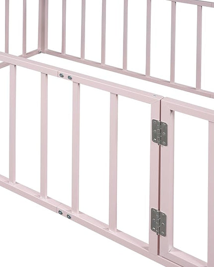 RITSU Twin Size Metal Floor Fence Bed, Montessori Bedframe, with Safety Guardrail and Door, for Children Bedroom, Boys Girls, Apartment, Strong & Durable, Easy to Assemble, Pink - LeafyLoom