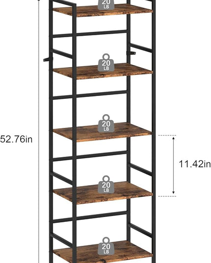 DOMYDEVM Tall Bookshelf, 5 Tier Free Standing Shelves, Wood Storage Shef Unit with Metal Frame, Brown Bookshelf for Small Spaces, Office, Living Room, Bedroom - LeafyLoom