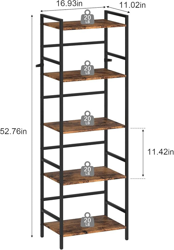 DOMYDEVM Tall Bookshelf, 5 Tier Free Standing Shelves, Wood Storage Shef Unit with Metal Frame, Brown Bookshelf for Small Spaces, Office, Living Room, Bedroom - LeafyLoom