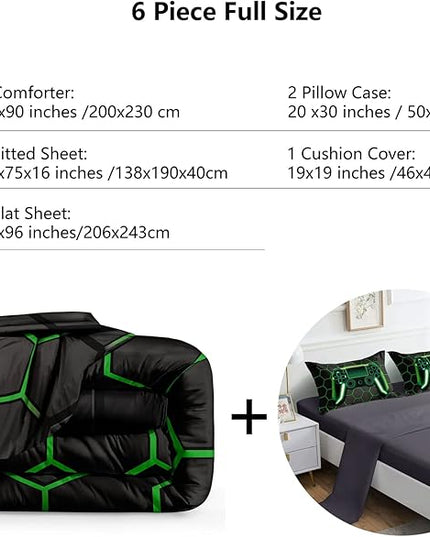 6 Pieces Gaming Bedding Set for Boys Gamer Comforter Set Full Size,Video Game Comforter for Kids Adult 3D Gaming Geometric Microfiber Bedding Sets 6 Pieces Bed in A Bag Sets H50021,Full - LeafyLoom