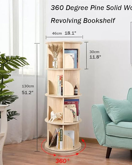 Rotating Bookshelf 360 Degrees, 4 Tier Stackable Solid Wood Bookshelf Organizer, Storage Display Rack Floor Standing Bookcase for Kids&Adults (51"x18"x18")… - LeafyLoom