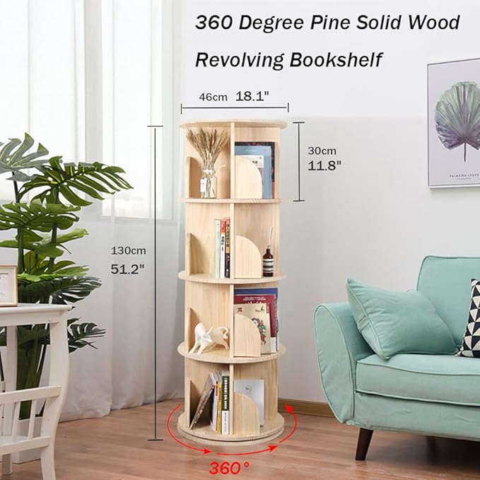 Rotating Bookshelf 360 Degrees, 4 Tier Stackable Solid Wood Bookshelf Organizer, Storage Display Rack Floor Standing Bookcase for Kids&Adults (51"x18"x18")… - LeafyLoom