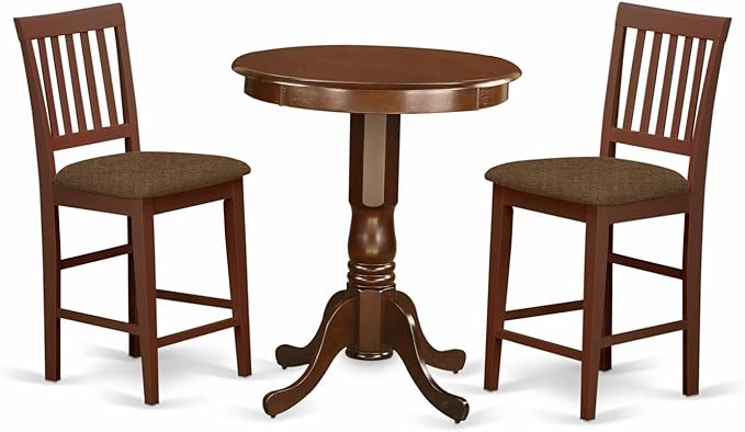 East West Furniture Eden 3 Piece Counter Set for Small Spaces Contains a Round Dining Room Table with Pedestal and 2 Linen Fabric Upholstered Chairs, 30x30 Inch, Mahogany - LeafyLoom