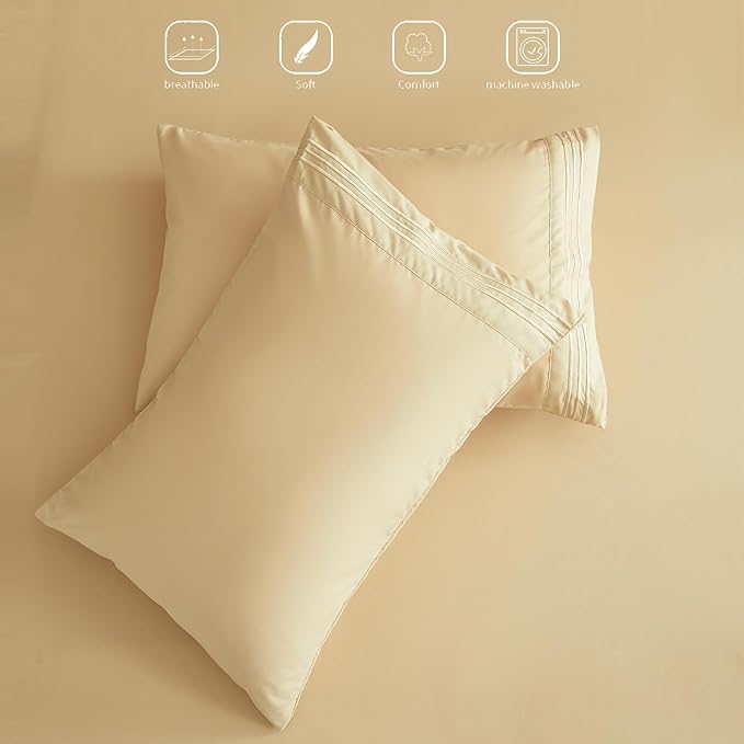 Bed Sheet Set - Brushed Microfiber Bedding - Bedding Sheets & Pillowcases - Deep Pockets - Easy Fit - Breathable & Soft Hotel Sheets - 4 Piece queen beige - LeafyLoom